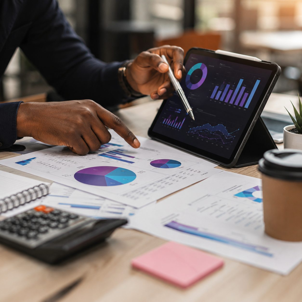 Analista a apontar para gráficos de dados de marketing