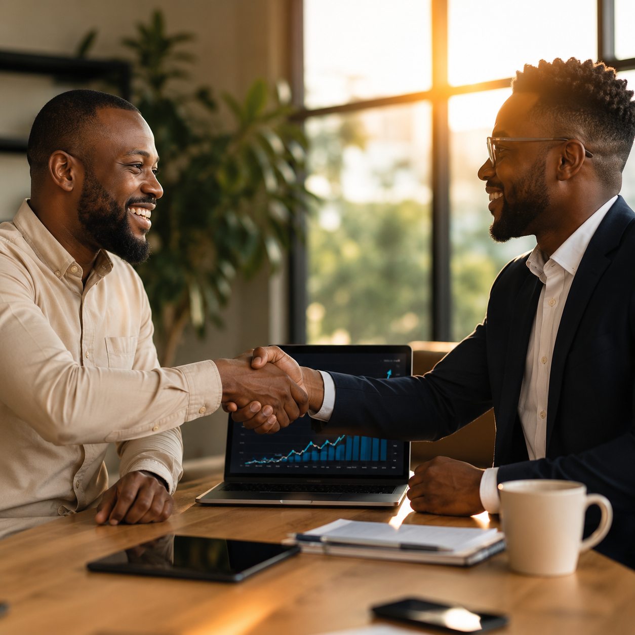 Empresário a apertar a mão de um consultor de marketing
