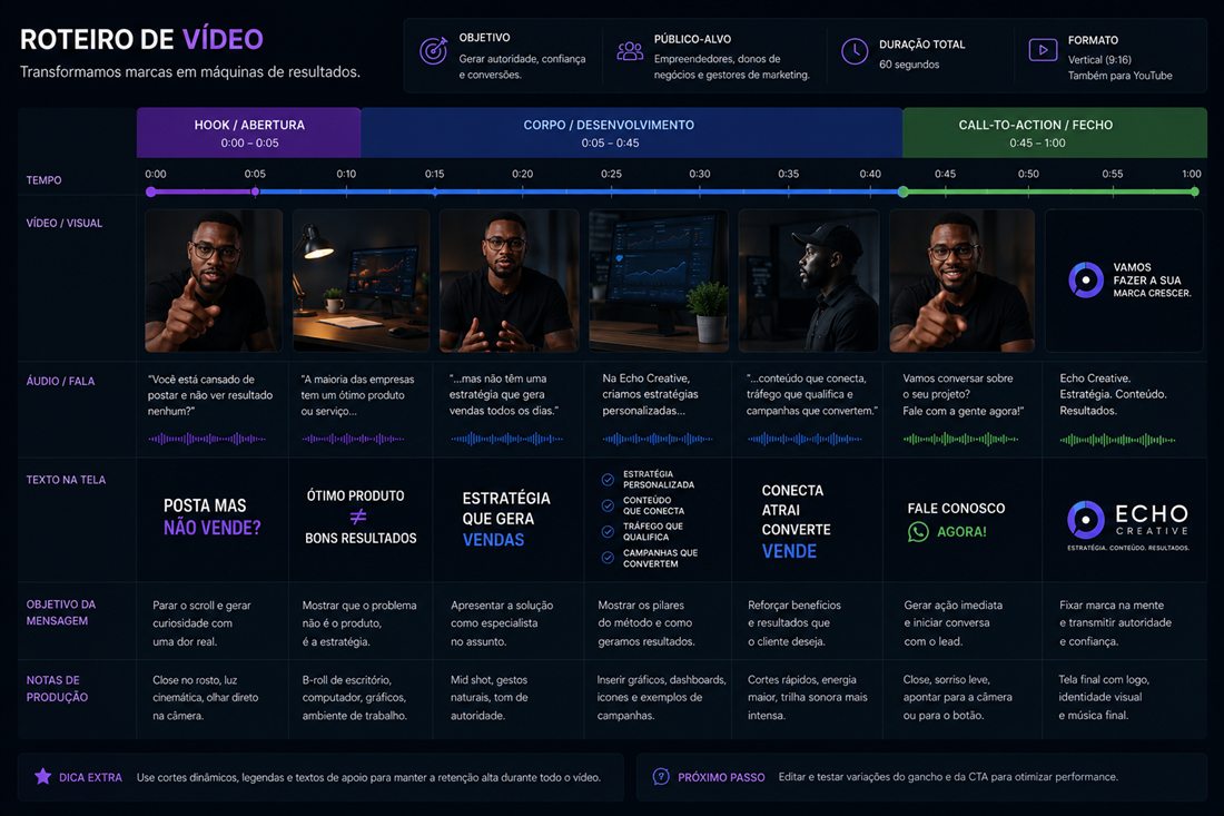 Roteiro de vídeo com gancho, desenvolvimento e chamada para ação