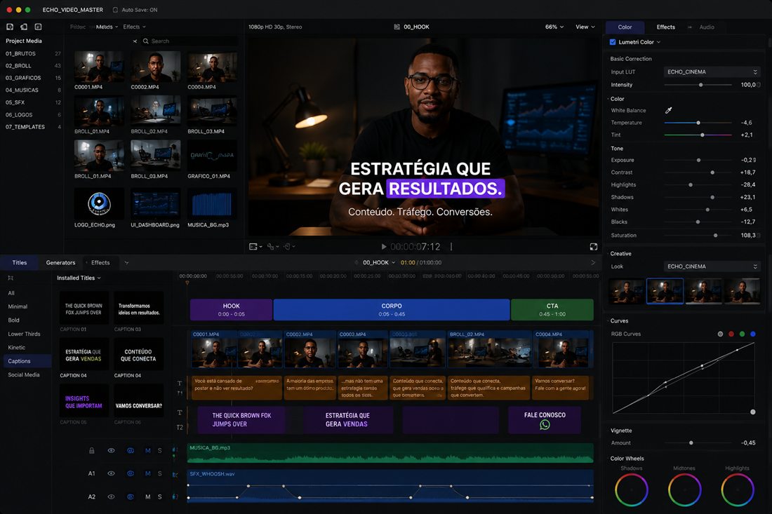 Interface de edição de vídeo com timeline e legendas