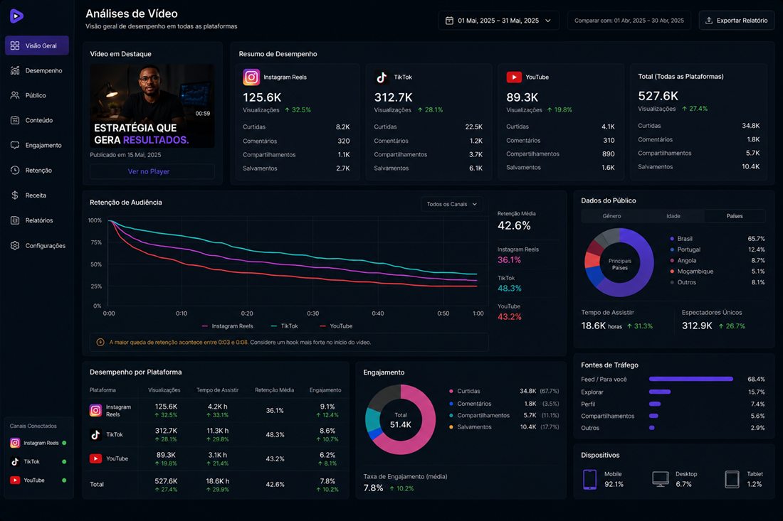 Análise de vídeo multiplataforma: visualizações e retenção