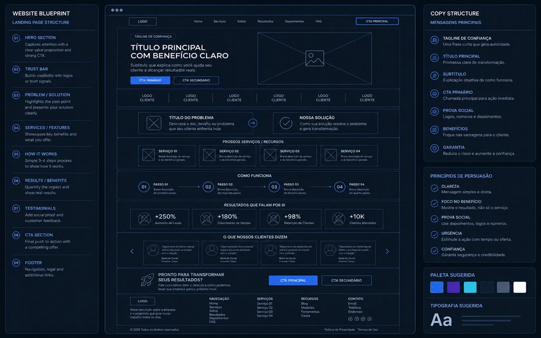 Wireframe e estrutura de copy da página