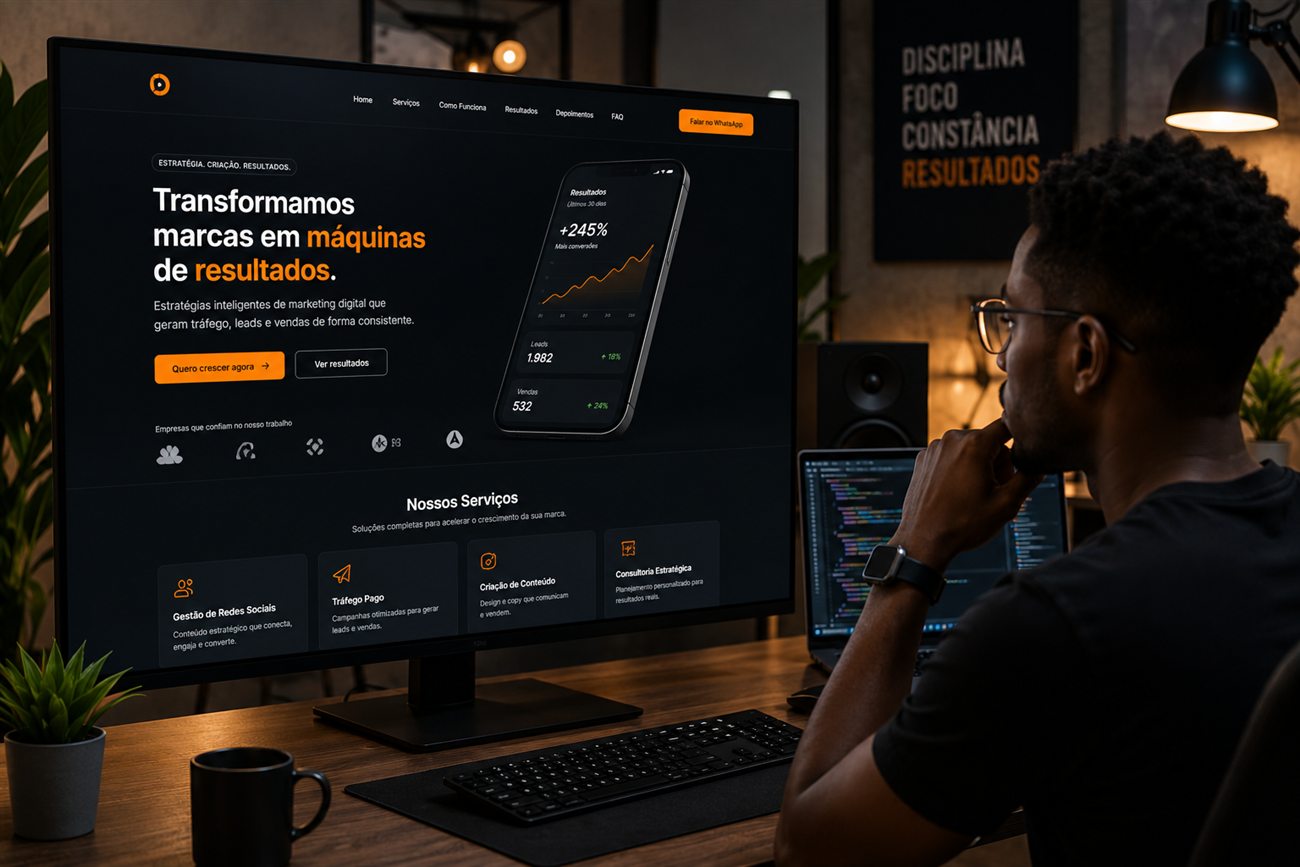 Designer e programador a rever uma página de venda num monitor